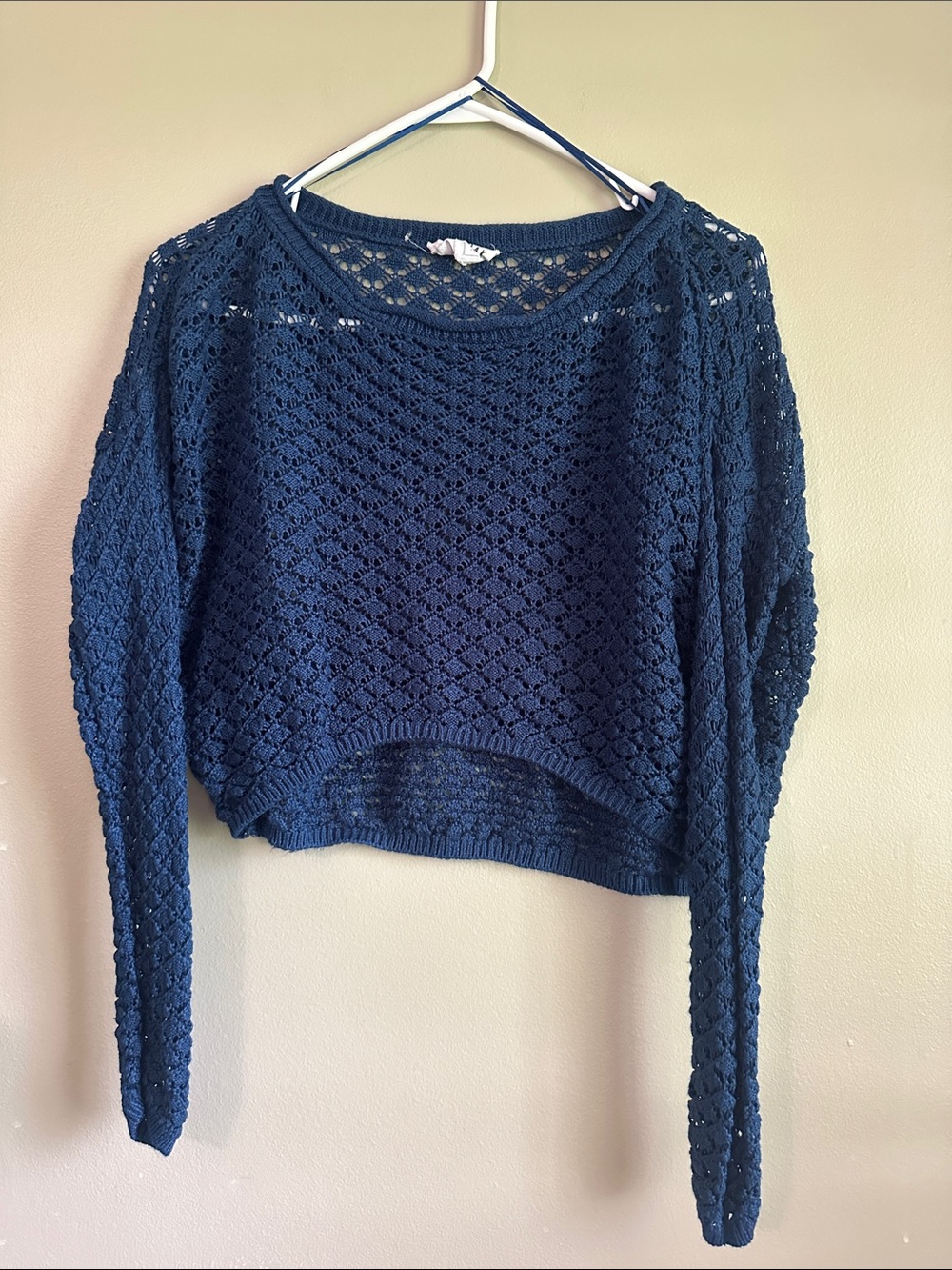 Olive & Oak Navy Open-Knit Cropped Crewneck Sweater